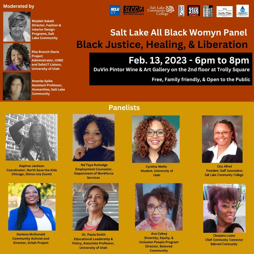 UtahRoundtable's tweet image. **Black History Month Event**

All Black Womyn Panel 
Black Justice, Healing, &amp;amp; Liberation
Feb. 13 - 6pm to 8pm 
DuVin Pintor Wine and Art Gallery
Trolley Square 2nd Floor
Salt Lake City, Utah 

#BlackHistoryMonth  #endracism #saltlakecity #Ubuntu