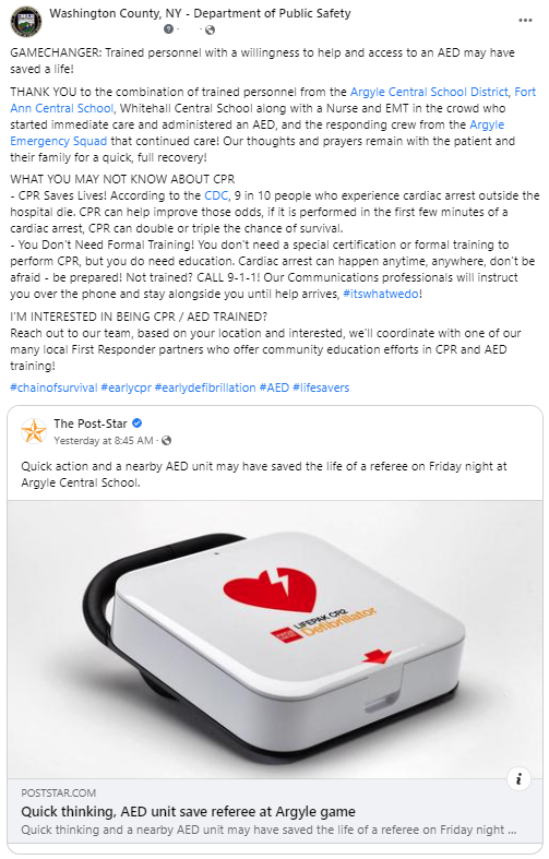 WashCoNYPubSafe's tweet photo. GAMECHANGER 🚨: Trained personnel with a willingness to help and access to an AED may have saved a life! ~ 
@poststar
 
There is so much to be thankful for and appreciative of in this story! #earlycpr #earlydefib #peoplehelpingpeople 

More here: https://t.co/GbxlhhUii8 https://t.co/gcYXiowtu8