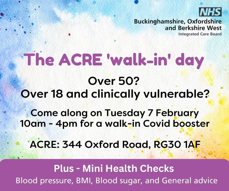Reminder❗️
FREE Health Checks (blood pressure, BMI, blood sugar &amp; general advice) and Covid Boosters tomorrow at <a href="/acrereading/">acrereading</a> 

<a href="/RBNHSFT/">Royal Berkshire NHS Foundation Trust</a> <a href="/NHS_BerksWest/">NHS Berkshire West</a> 
#CovidVaccine #Health