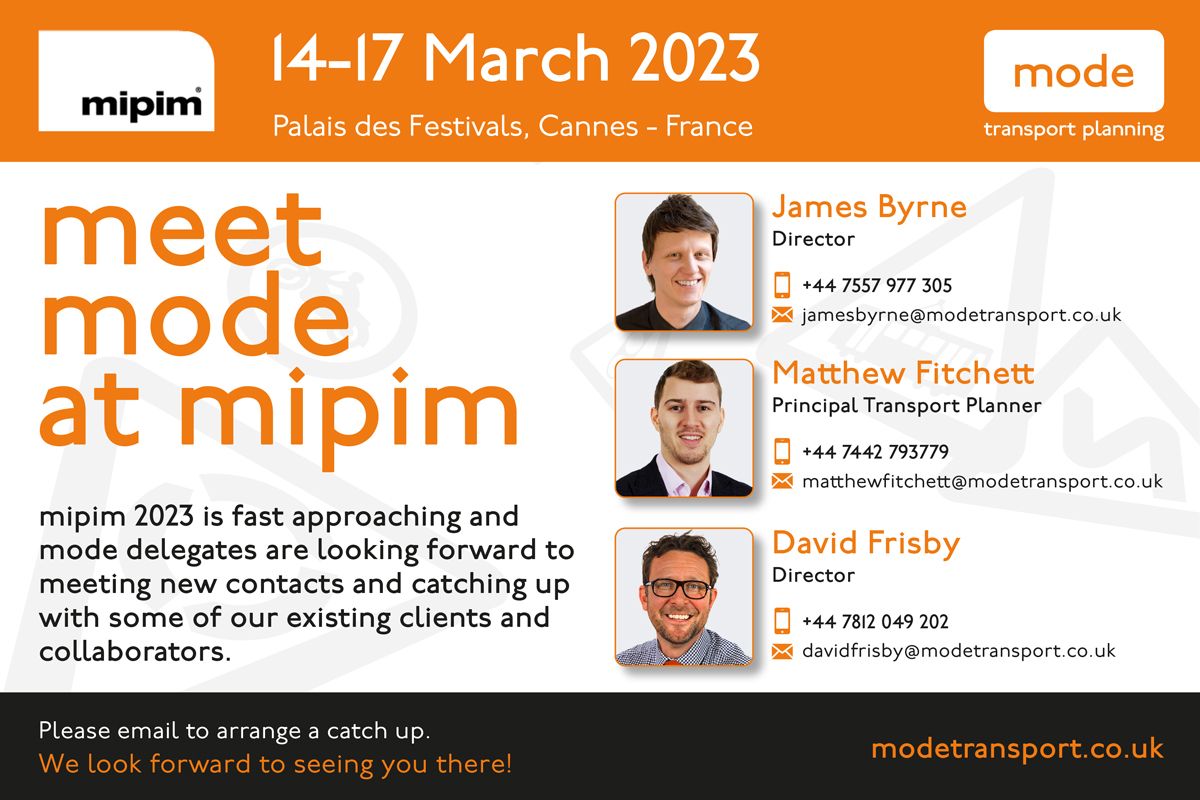 mode_transport's tweet photo. MIPIM is fast approaching, and delegates from mode will be attending the event. If you would like to catch up with either of us whilst you are there, please do get in touch!

@MIPIMWorld #mipim2023 #mipim #mipimworld #themodeway #development #transportplanning https://t.co/9w36NppiXH