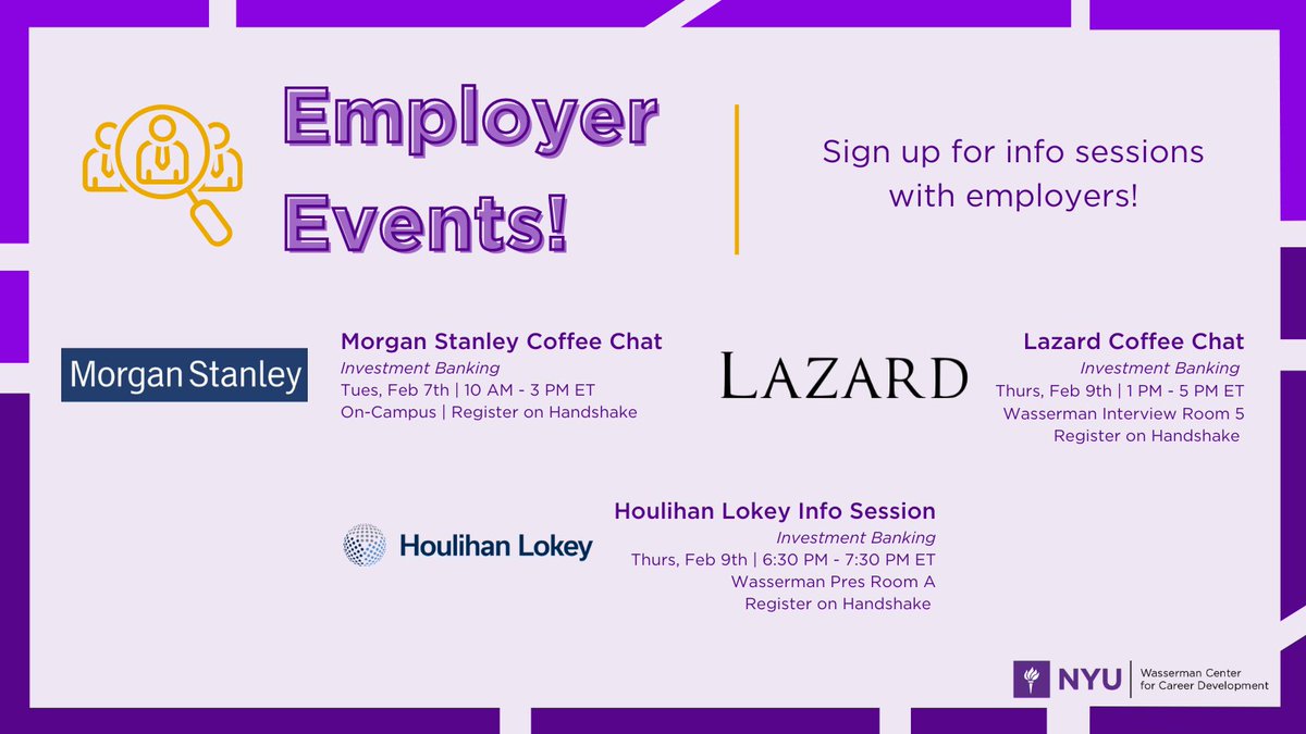 This week, we have a variety of employers from the Investment Banking industry joining us for coffee chats and info sessions! Make sure to sign up on Handshake and explore career opportunities.