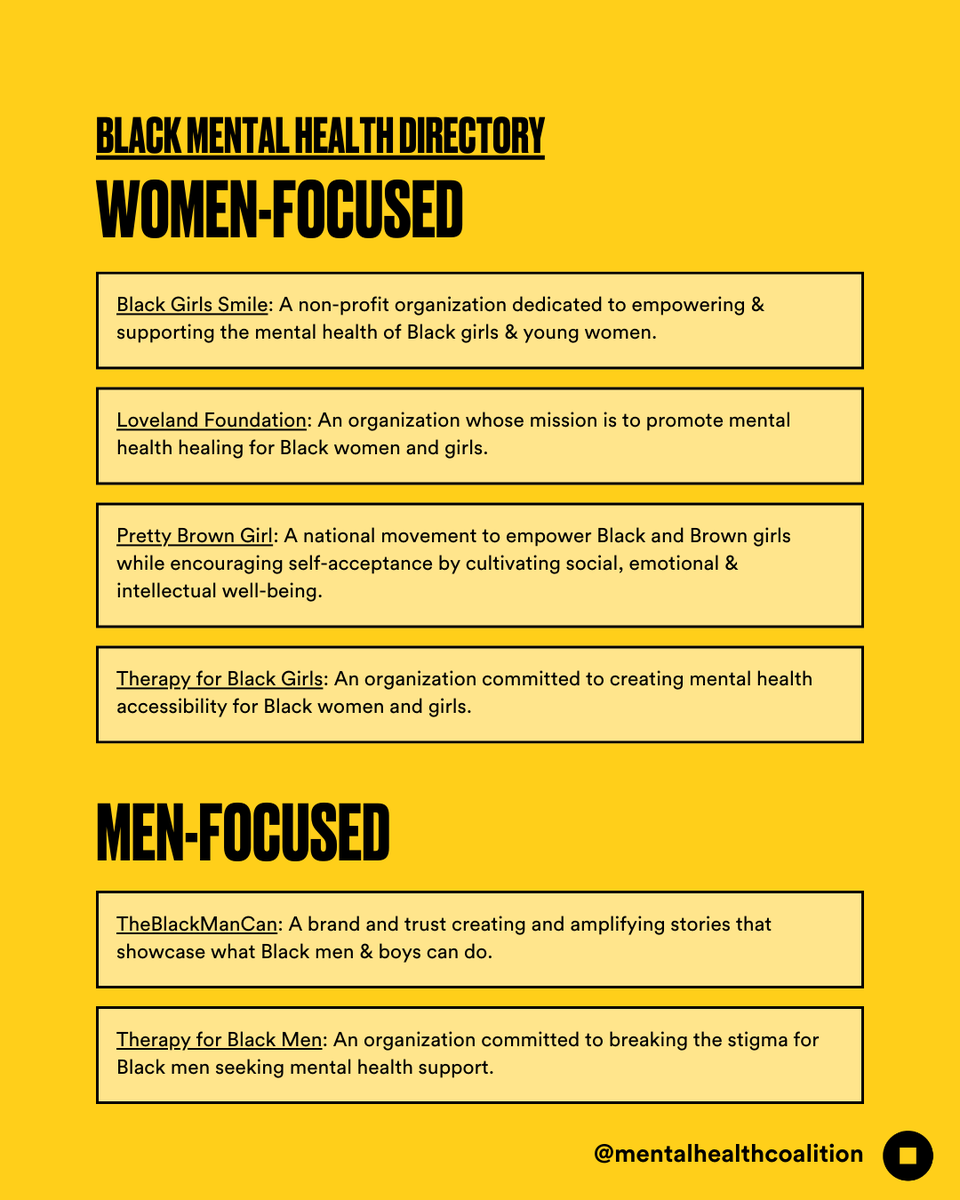 PsychFoundation's tweet photo. The Black Mental Health Directory, a guide of organizations devoted to mental health resources for Black women, men, youth, and LGBTQ+ populations, compiled by our friends @mentalhealthcln 
#BlackHistoryMonth #BlackMentalHealth https://t.co/vStOwMXDYE
