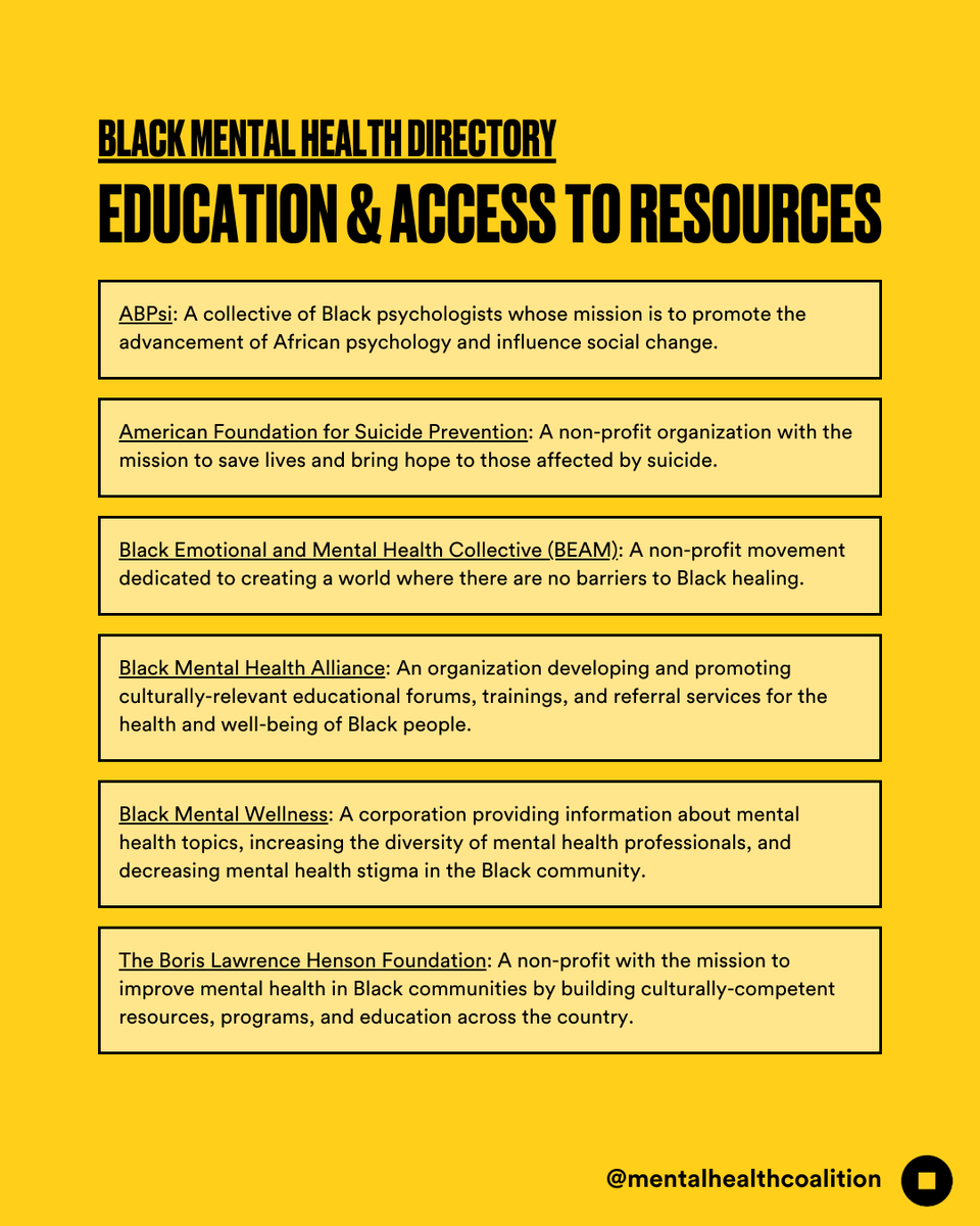 PsychFoundation's tweet photo. The Black Mental Health Directory, a guide of organizations devoted to mental health resources for Black women, men, youth, and LGBTQ+ populations, compiled by our friends @mentalhealthcln 
#BlackHistoryMonth #BlackMentalHealth https://t.co/vStOwMXDYE