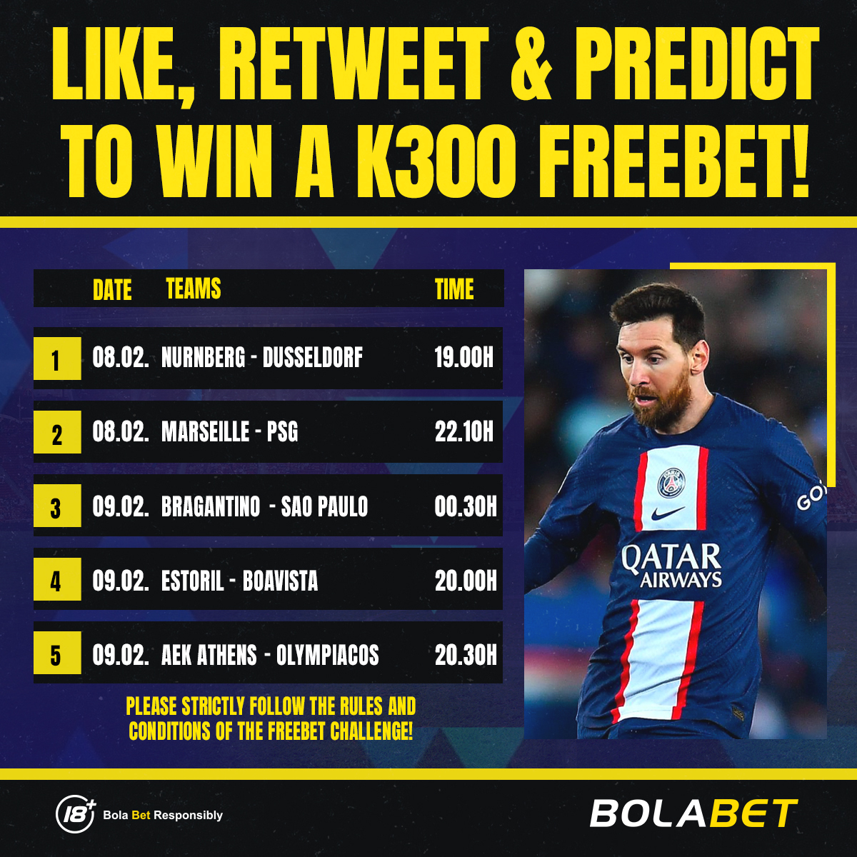 Bolabet_Zambia's tweet photo. LIKE, RETWEET &amp; REPLY WITH YOUR PREDICTED OUTCOME OF 5 MATCHES AND WIN K300! 
- All replies should be published until 19:00h 08.02.2023. 
- You must be over the age of 18 to participate
- 👉🏽 https://t.co/m1LIDTk03H 👈
TERMS &amp; CONDITIONS 
👉🏽 https://t.co/4Fob6nW1fE 👈 https://t.co/0Fa9YQimGD