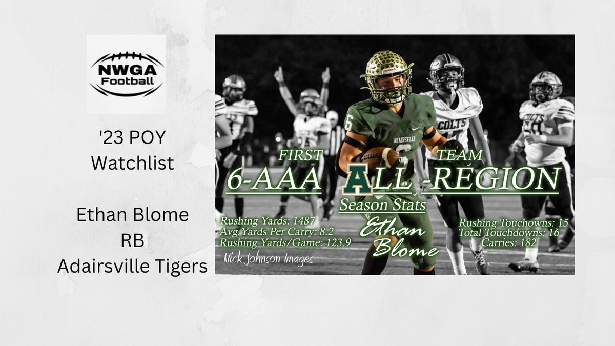 NwGaFootball's tweet photo. '23 NwGaFootball POY Watchlist

Ethan Blome
RB
Adairsville Tigers

1600 yds 16 TDs 8.2 ypc in '22

HUDL https://t.co/NUA8VrCRiy https://t.co/0KKjHBTCMh