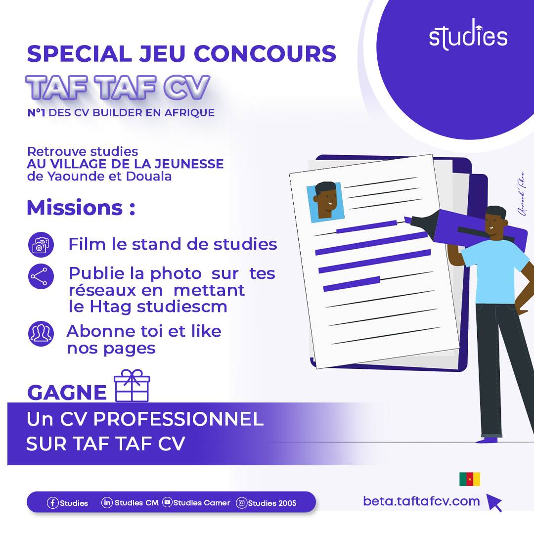 StudiesCm's tweet image. Venez profiter de votre TAF TAF CV 

Rendez-vous à Douala ( poste centrale)  du 06 au 09/02

Et Yaoundé ( place de l ' hôtel de ville ) du 02 au 11/02

  pour célébrer la 57ème édition de la fête de la jeunesse.

😏Fais les bon choix 

#studiescm 
#studieslearning 
#studies