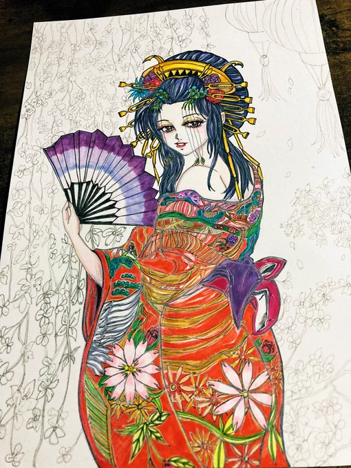 着物雑に塗ってしまいました 急いで塗るものではないですね #アナログイラスト #イラスト練習中