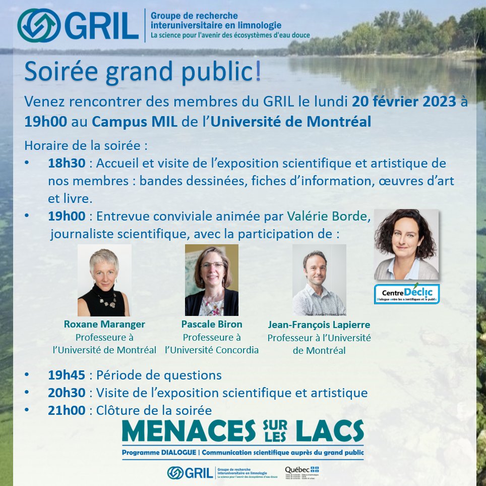 GRIL_Limnologie's tweet photo. 📣Soirée grand public 🗣💧🐟🔬🧬🧪
➡️Lundi 20 février 2023 à 19h00 au Campus MIL de @UMontreal 
➡️Conférence @CentreDeclic @Lactu_Borde @Water_Rox, P. Biron et J.-F. Lapierre
➡️Exposition scientifique et artistique
➡️Informations et inscriptions ⬇⬇⬇
https://t.co/yVebcR9erO https://t.co/WPzyUok85e