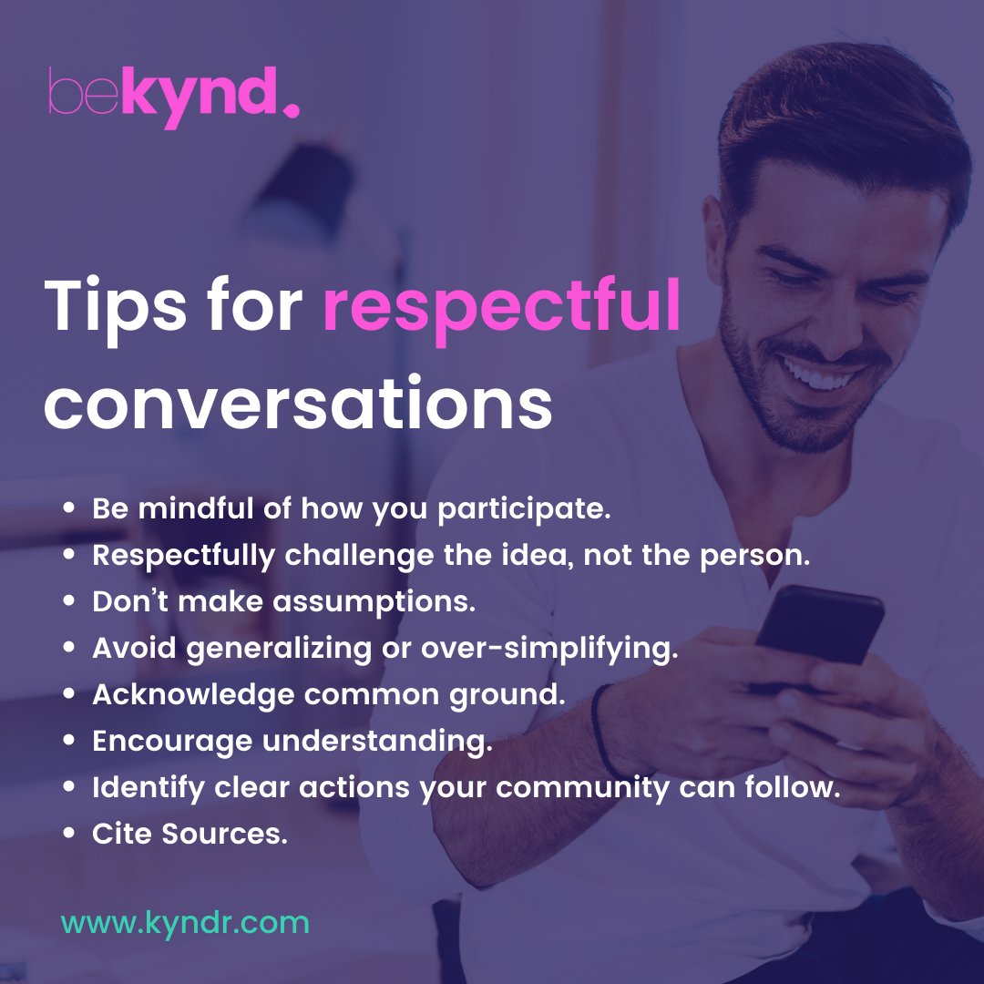 kyndr_social's tweet image. Respectful conversations are essential to encouraging understanding in our communities. Here are some tips for respectful dialogue👇 

 #abetteryou #trustedcreators #negativityfree #bekind #bekinder #kyndr #bekyndr