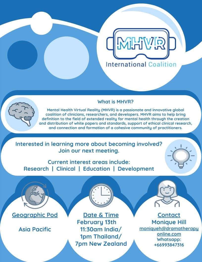 therapy_drama's tweet photo. Hey Geeks! The Mental Health Virtual Reality Coalition is having their first Asia/Pacific meet up next week: come join if you are interested in using VR therapeutically 😁 https://t.co/QcYWa46BC6