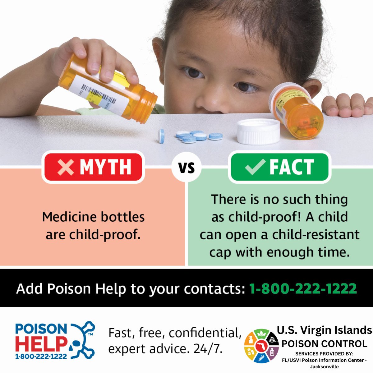 🚨 #Children are curious and many time mimic what they see us do.  Remember:  #medicine bottles are child resistant NOT child proof. Medication mistake? ☎️ #PoisonHelp hotline at #1-800-222-1222