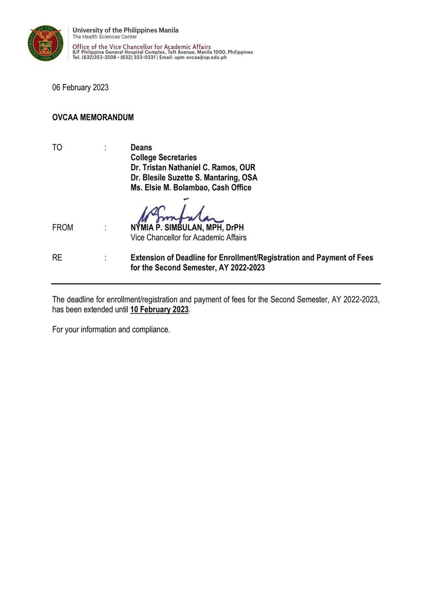 UPMUSC's tweet photo. ANUNSYO: Enrollment Period and Deadline for Registration of Fees for the Second Semester are EXTENDED until February 10, 2023.

#OneUPM https://t.co/sh5zg81pyu