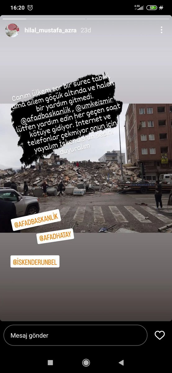 Arkadaşımın ailesi göçük altında. Yardım gitmemiş.Fener cad. Barbaros mah. Özkaya apt. Hatay/İskenderun 
Azize Subaşı 0 505 637 82 70
Mustafa Subaşı 0 542 611 32 44 #deprem #iskenderun #Hatay <a href="/AFADBaskanlik/">AFAD</a> <a href="/ahbap/">Ahbap</a> @ahbaphatay <a href="/UmkeHatay/">Hatay UMKE</a>