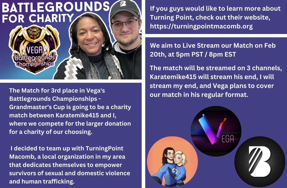BMcG_YT's tweet image. Hey guys and gals.
Vega has provided the opportunity for Mike and I to compete for donations to a charity of our choosing for our 3rd Place Match in his Grandmaster’s Cup. 

I’m also doing a bit more to raise money for my charity I chose. Info in the pics below.