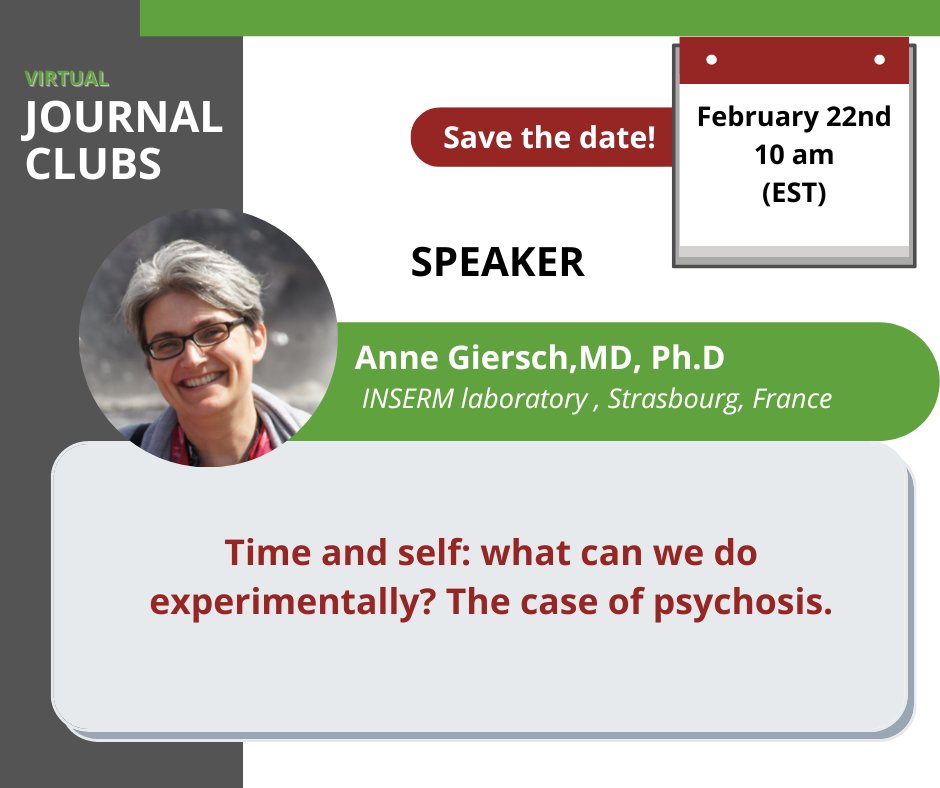 TimingForum's tweet photo. It's time to announce our next #TRFvJC ❗ Dr. Anne Giersch will tell us about her work on #TimePerception and the self in psychosis. ⏰🧍
Register at the link below and join us on Feb. 22nd at 10:00 a.m. EST.
https://t.co/Sp0Ud9JzoY https://t.co/vYD10e7MVR