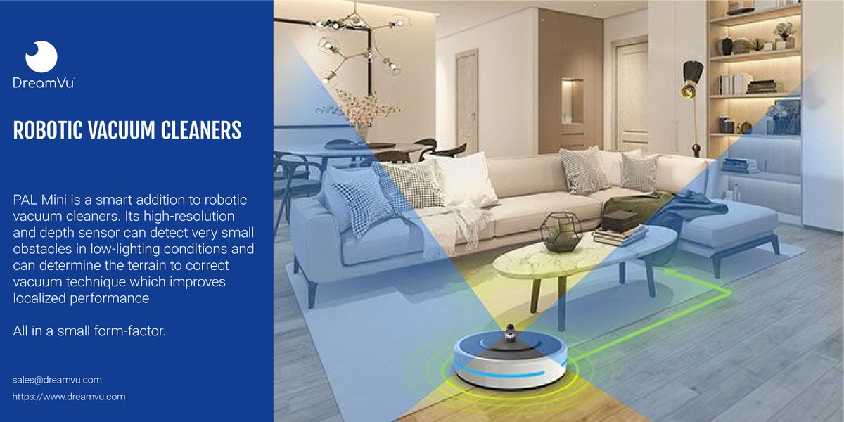 dreamvu_inc's tweet photo. #DreamVu #PALMini is a #Smart addition to #Robotic #vacuum cleaners.Its high-resolution &amp; #depthsensor can detect very small obstacles in #lowlightingconditions &amp; can determine the terrain to correct vacuum technique which improves localized performance. All in a #smallformfactor https://t.co/a6mlMsrJhj