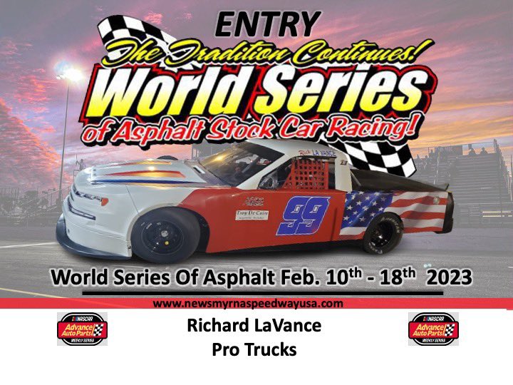 newsmyrnaspdwy's tweet photo. We welcome Richard LaVance to the 2023 World Series presented by Boss Laser. Richard will once again compete with the Pro Truck division that will run the final 2 nights of this year's World Series.

Who is next? https://t.co/393hGpUxtt
#nascar #mytrackmyroots #protrucks https://t.co/u9rMsnOTqG