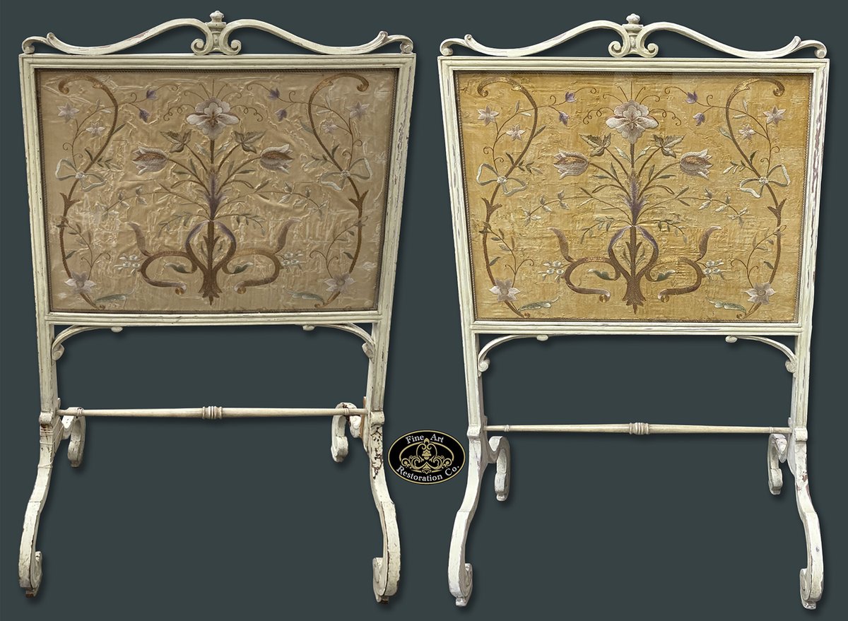 FineArtRest's tweet image. Fire screens are vulnerable to discolouration over time due to their practical use. 

#antiques #repairshop #firescreen #fireplace #antiquefurniture #textiles #history