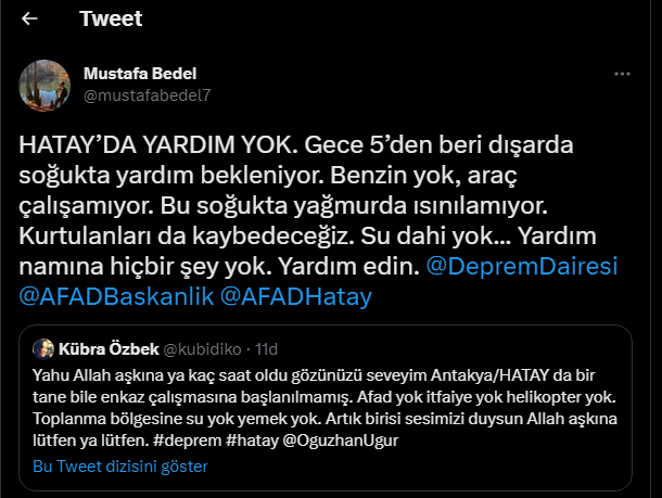 hbedel's tweet photo. Hatay için bir ses olalım artık. Çok ihtiyaçları var..
@barisbuyuktas @efebulduk @efloud @haluklevent @muhendisyenn @sibeleth https://t.co/FzqHsQERoD