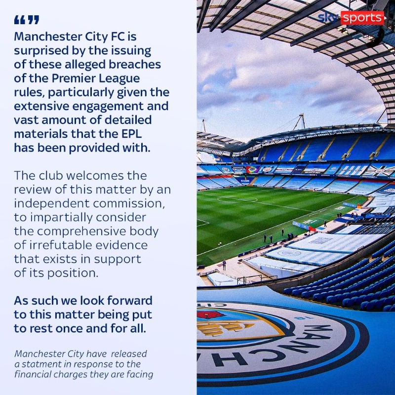 SkySportsPL's tweet photo. Manchester City say they are "surprised" to have been charged by the Premier League with numerous alleged breaches of financial rules 🗣️