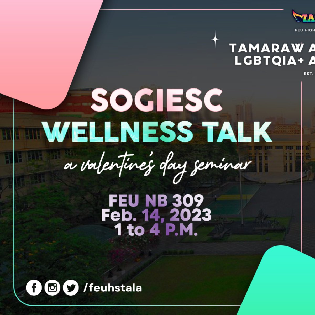 feuhstala's tweet photo. Hey there, may nagpapa-chuva choo choo na ba sa ‘yo? E may ka-Valentine’s Day Date ka na ba?! Kasi kami dito sa TALA, mayroon na! 🤨🫣🤭

As we celebrate the month of FEB-ibig, TALA brings you SOGIESC Wellness Talk this Valentine’s Day! https://t.co/mznN7Nw7gd