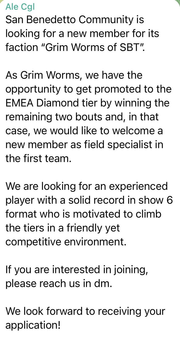 San Benedetto Community is looking for a new member for its faction “Grim Worms of SBT”!
If you want to join, reach us in dm!