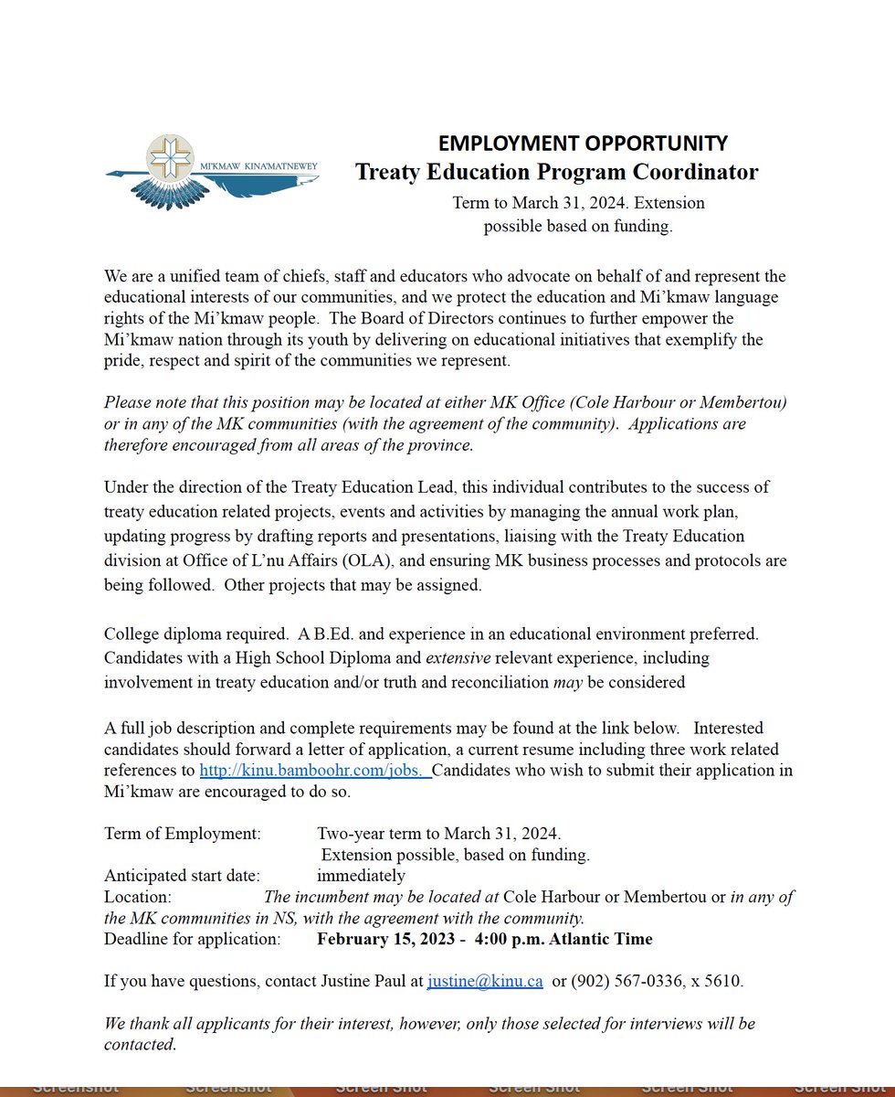 Employment Opportunity - Treaty Education Program Coordinator. For more information or to apply for this position please visit kinu.bamboohr.com/jobs/