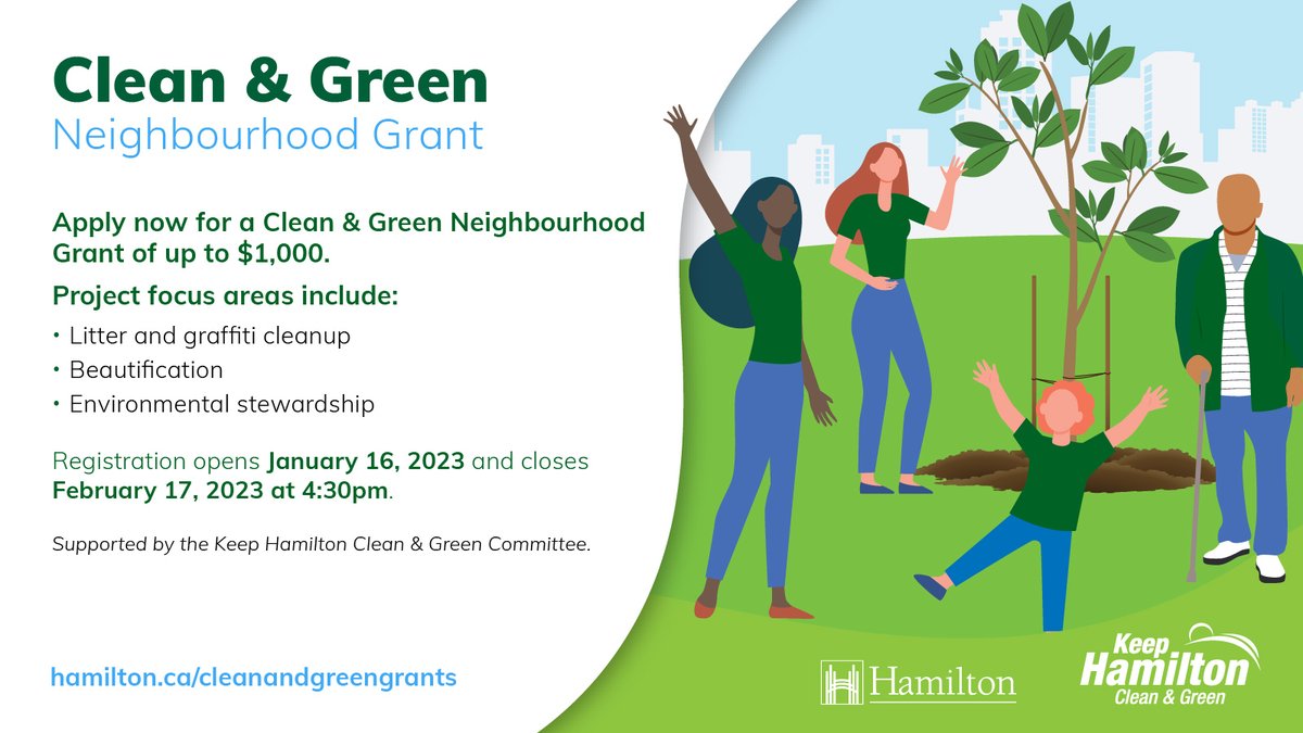 2023 Clean &amp; Green Neighbourhood Grants are open until February 17. The Keep Hamilton Clean &amp; Green Committee is offering grants up to $1,000 for community projects that address litter, improve beautification in #Hamont, and more. Apply by visiting: hamilton.ca/cleanandgreeng…