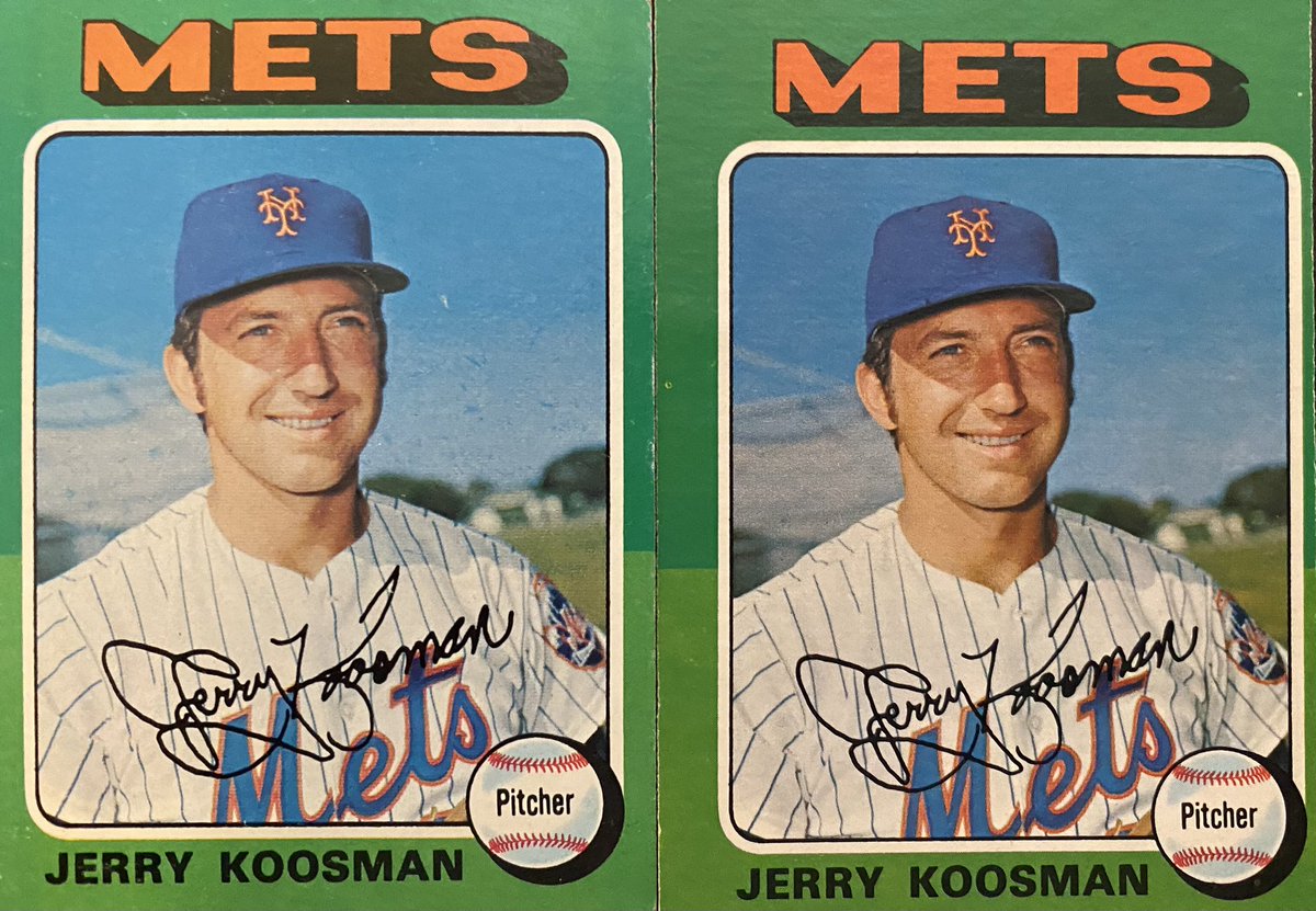 Southpaw__1975's tweet photo. Dare To Compare?? JERRY KOOSMAN—1975 Topps (left) and 1975 O-Pee-Chee (right). 🧡💙 #JerryKoosman #Mets #LGM #Southpaw #Pitchers #Kooz #Topps #Opeechee #1975Topps #1975Opeechee https://t.co/rsoK0efn2g