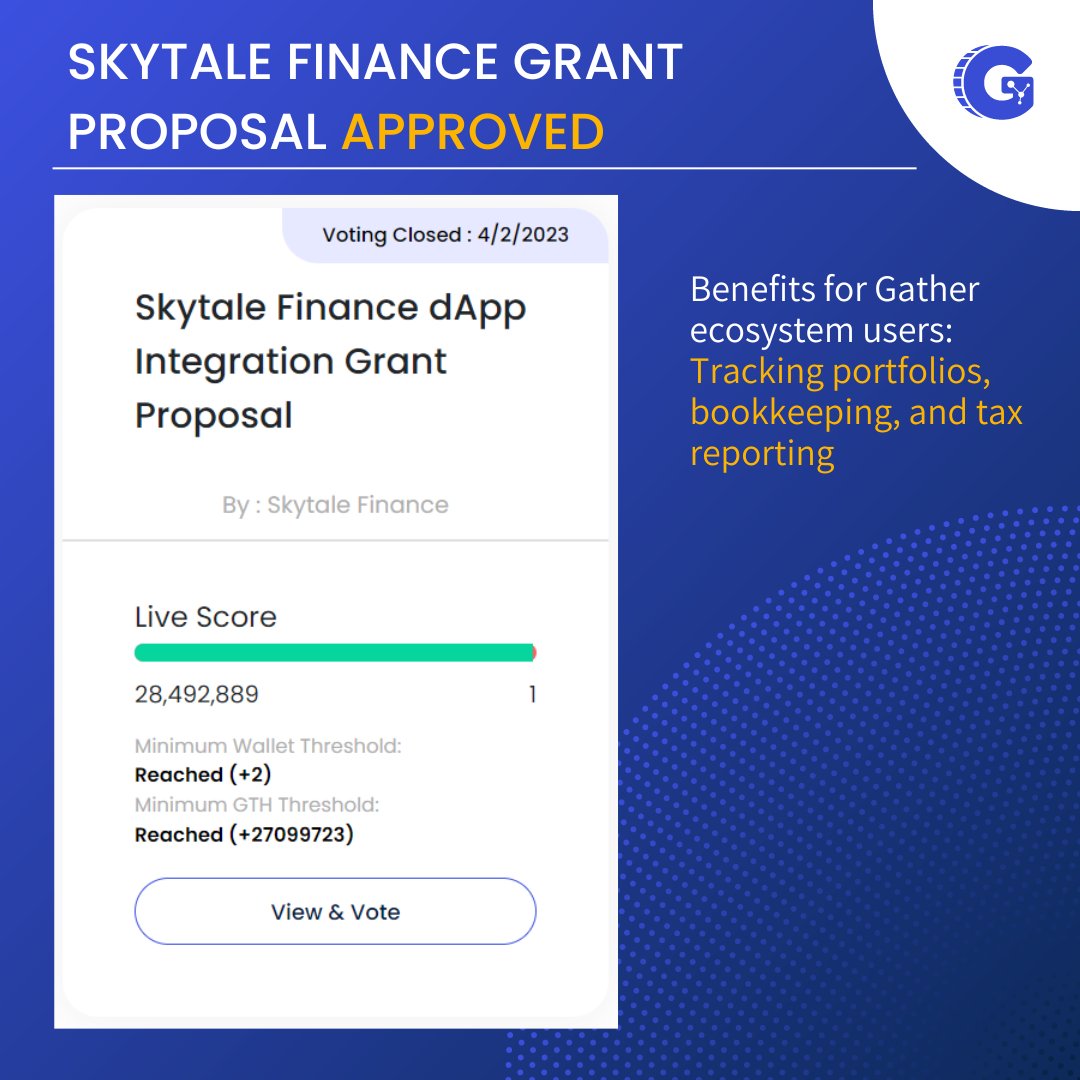 Thanks to everyone who voted for the proposal we shared earlier to choose the next big idea for our grants program. We are delighted to announce that the $GTH family has passed the proposal for Skytale Finance. Stay tuned for more updates on this space! #WAGMI #Web3 @Skytale5