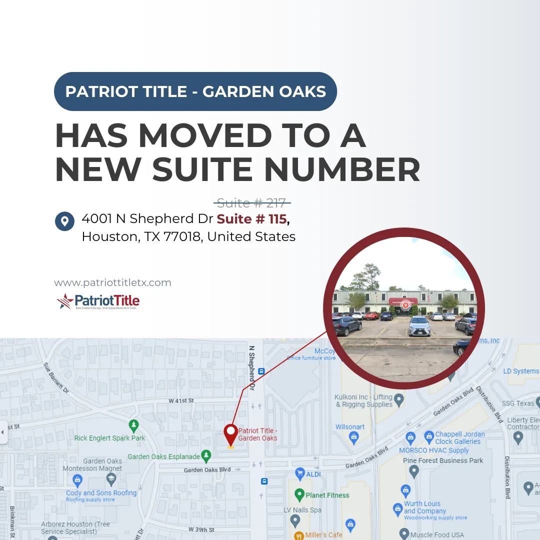 patriottitleco's tweet image. We are happy to inform you that our branch – Patriot Title Garden Oaks office, has moved to a better space to serve you and your clients! ✨ 

You can find us at 4001 N Shepherd Dr., Suite 115, Houston, TX 77018.

The next move we will be making this year is closing your deal!