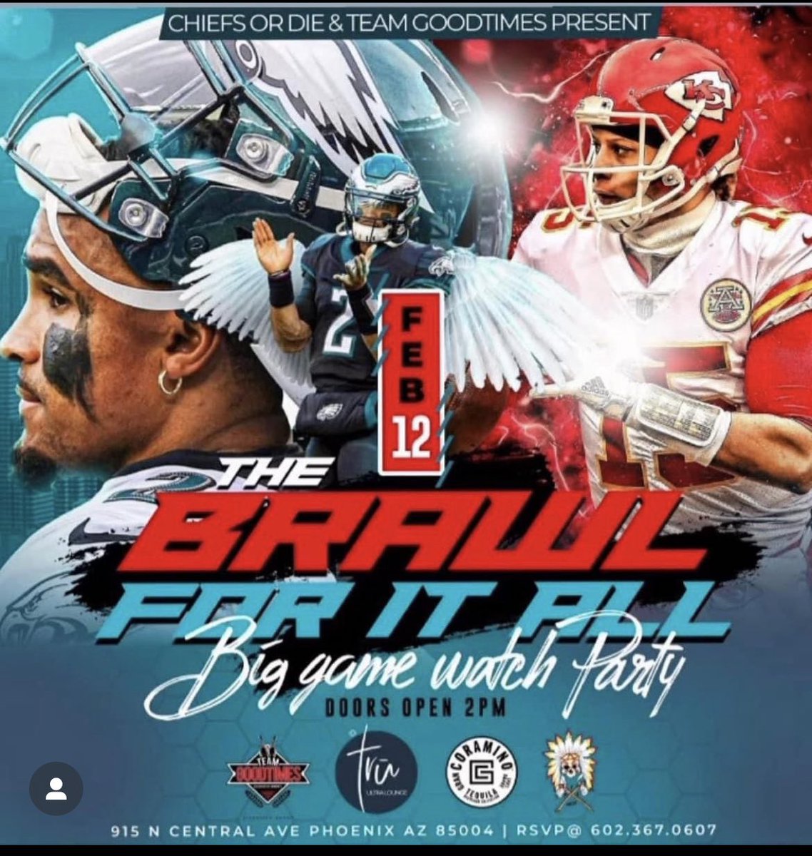 therealjihanj's tweet photo. Big game watch party🏈
Kansas City Chiefs vs The Philadelphia Eagles
🥃Kevin Hart Tequila Tasting of @grancoramino
Location:
Tru Ultra Lounge
915 N Central Ave
Pheonix, AZ 85004
Doors open at 2 pm
link: https://t.co/AMgVXed6PN
#TeamGoodtimes
#SuperBowl
#FlyEaglesFly https://t.co/Ogh7TtE6sz