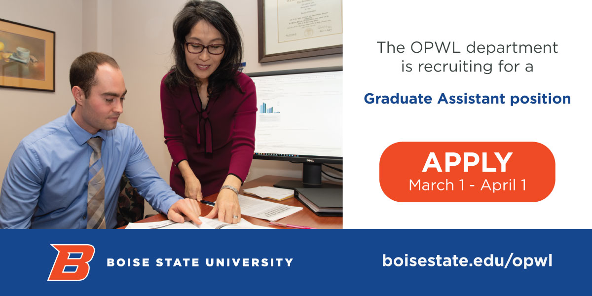BoiseStateOPWL's tweet photo. OPWL is recruiting for a fall 2023/spring 2024 graduate assistant and being admitted to the MS is a requirement for applying.  Start your application MS application today to be admitted in time to apply! https://t.co/8V8EhH88Qu 
#BoiseStateOPWL https://t.co/mSZoFtP935