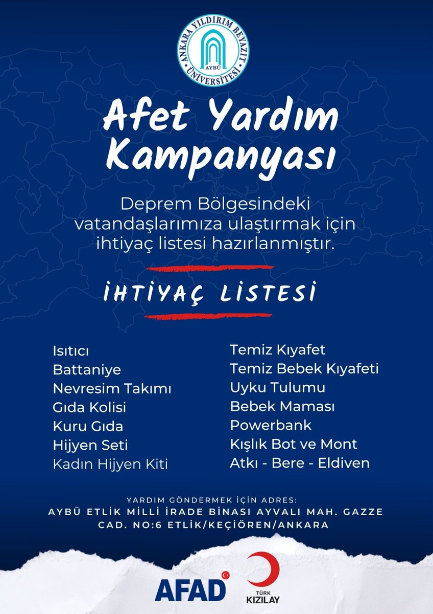 AYBÜ olarak deprem bölgesine ulaştırmak için başlattığımız yardım kampanyası Kızılay ve AFAD ile koordinasyon halinde gerçekleştirilecektir.

AYBÜ olarak devletimizin yanındayız.🇹🇷
#gecmisolsunturkiyem