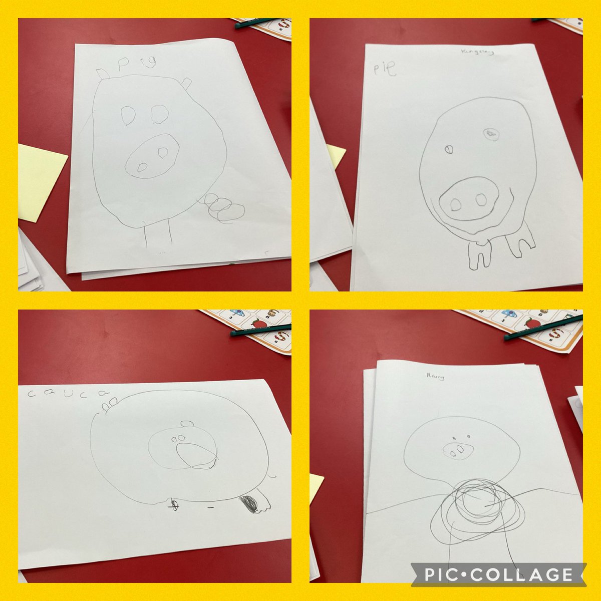 Following instructions to draw a pig . Reception are enjoying our  topic this week The Three Little Pigs.