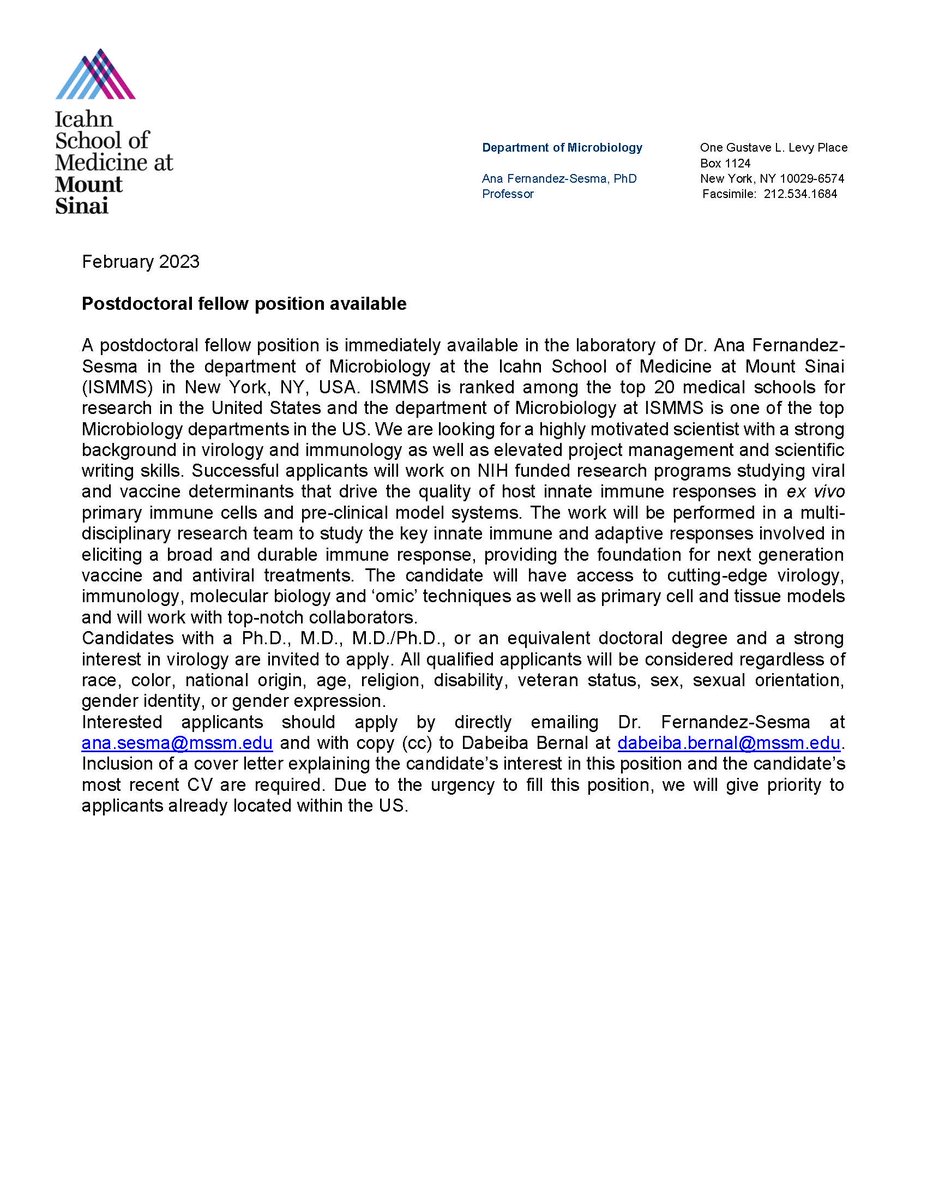 Ana Fernandez-Sesma (@sesmalab) on Twitter photo The Fernandez-Sesma Lab is hiring! IMMEDIATELY AVAILABLE postdoctoral position in our lab at the department of Microbiology <a href="/IcahnMountSinai/">Icahn School of Medicine at Mount Sinai</a> in New York. Applicants interested in virology, immunology and systems biology are encouraged to apply! @CEIRR <a href="/hipcProject/">HIPC</a> #LoveVirology The Fernandez-Sesma Lab is hiring! IMMEDIATELY AVAILABLE postdoctoral position in our lab at the department of Microbiology <a href="/IcahnMountSinai/">Icahn School of Medicine at Mount Sinai</a> in New York. Applicants interested in virology, immunology and systems biology are encouraged to apply! @CEIRR <a href="/hipcProject/">HIPC</a> #LoveVirology