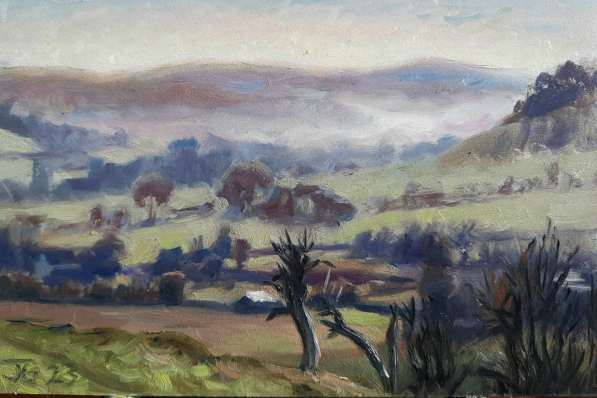 Painting from Turville hill this morning, looking towards the misty Hambleden valley. Oil on gesso panel,  15 x 23 cm.
#turville #chilternhills #chilterns #artwork #oilpainting #artist #art #landscapepainting #pleinairpainting #pleinair #winter