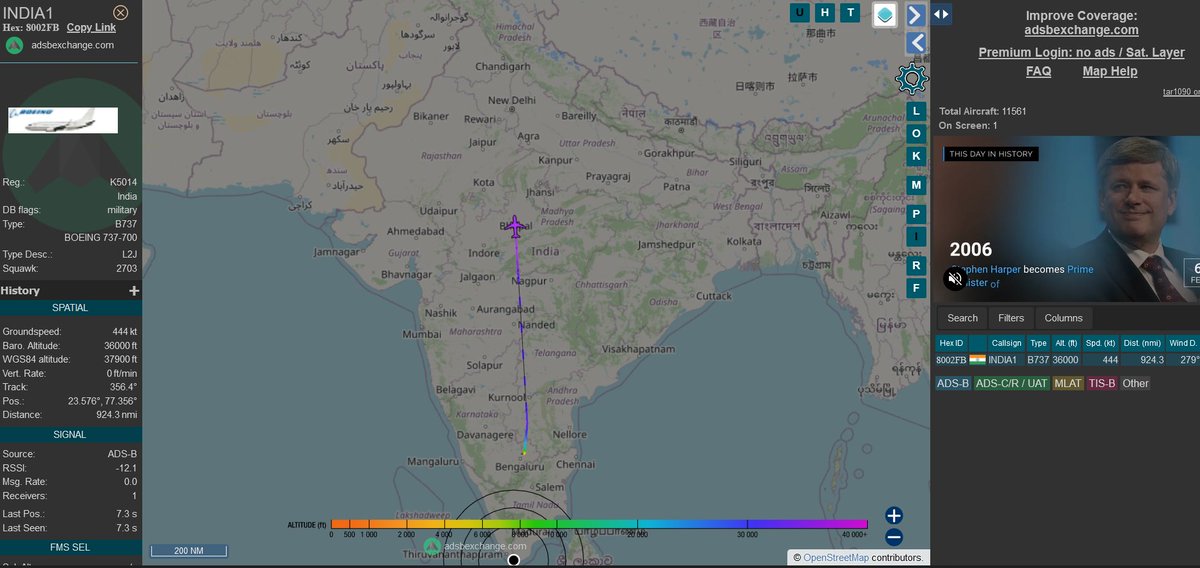 The Prime Minister of #India onboard in an #IAF #Boeing 737 BBJ under callsign #INDIA1 

#K5014 #8002FB