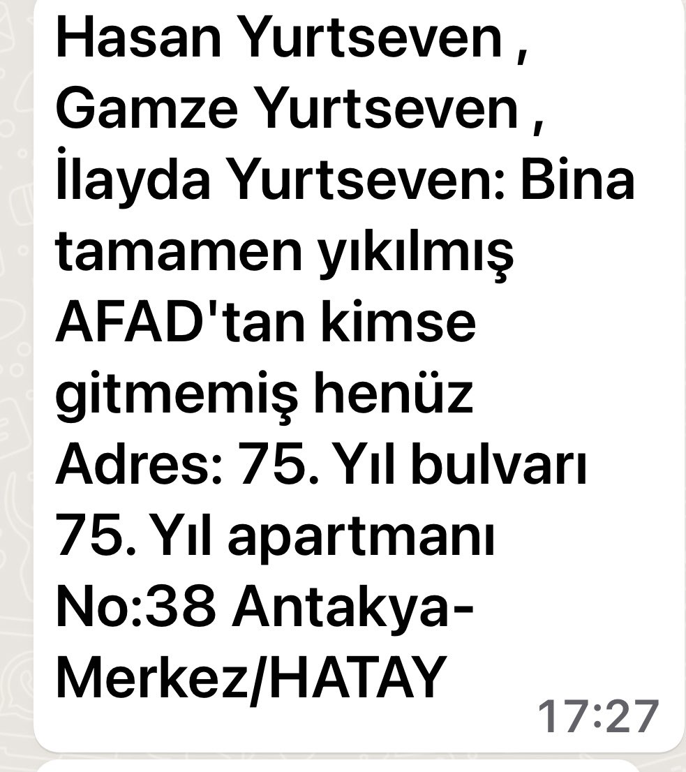 sirintg's tweet photo. Bana gelen yardım çağrılarını aktarıyorum @DepremDairesi @AFADHatay https://t.co/7aN8pbAnJt