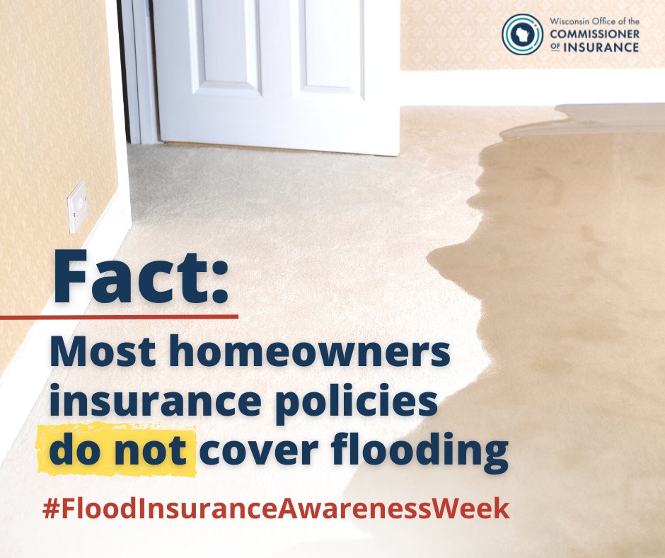 wisconsinoci's tweet photo. It's #FloodInsuranceAwarenessWeek in Wisconsin! Did you know that most homeowners insurance does not cover flood damage? That means your home may be vulnerable to the most common and costly natural disaster in the US--a flood. 

Do you have flood insurance? Why or why not? 🌧️ https://t.co/9NaBKLt5Uq