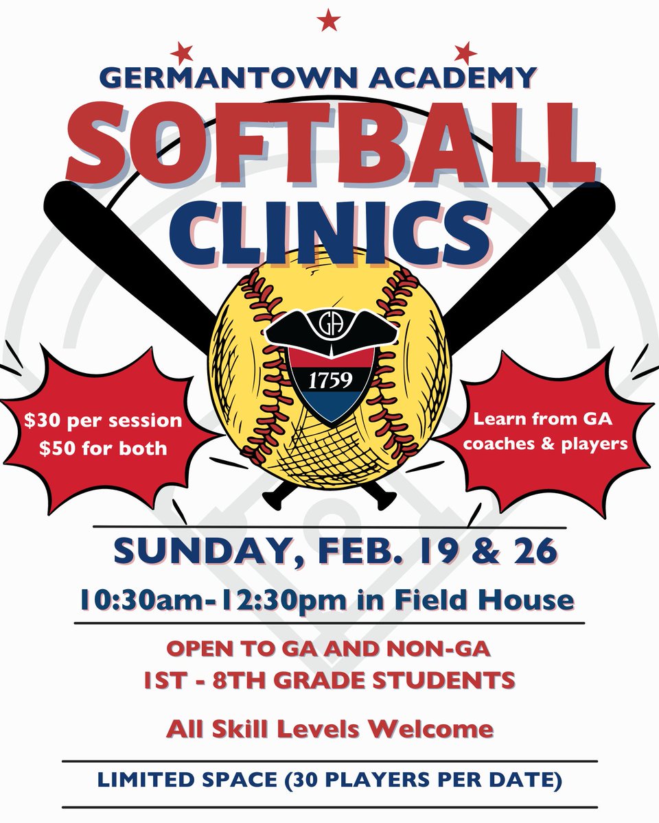 Germantown Academy will be hosting TWO softball clinics in February! Sessions will be on Feb. 19 and Feb. 26 for GA and non-GA 1st-8th grade girls. Space is limited, and each session will be capped at 30 participants, so SIGN UP TODAY!

campscui.active.com/orgs/Germantow…