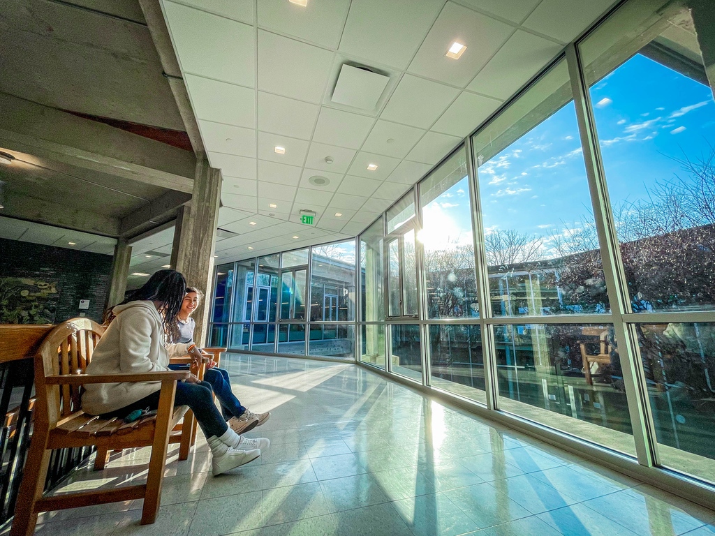 StuartCDSchool's tweet photo. Happy Monday! ☀️ We just love the mood-boosting benefits from the natural light that pours in through our floor-to-ceiling windows. Have a good week! 

[ID: A hallway lined with floor-to-ceiling windows with the sun shining in and 2 students on the far left sitting in benches.] https://t.co/1mbhlMRpMH