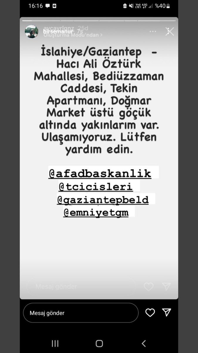 NurayKayaaa's tweet photo. @haluklevent @ahbap_istanbul @ahbap @ahbap_cevre @IstanbulAFAD @AFADBaskanlik @DepremDairesi @AFADGaziantep @GaziantepBeld geceden beri haber alınamıyor, 3 çocuk var enkaz altında, yardım edin! https://t.co/ZL3SKixRKQ