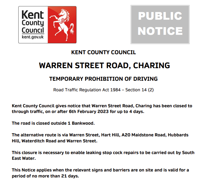 KCC Highways on Twitter "Charing, Warren Street Road. Road closure