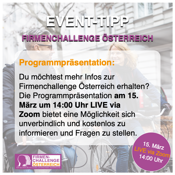 SPORTS_Select's tweet image. Auch 2023 suchen wir mit der #Firmenchallenge wieder die aktivsten Unternehmen Österreichs!

Alle Infos zum Event gibt es bei der kostenlosen Programmpräsentation live via Zoom am 15. März um 14:00 - wir freuen uns!

Link zur Anmeldung: bitly.ws/zR4F

#bgm #gesundheit