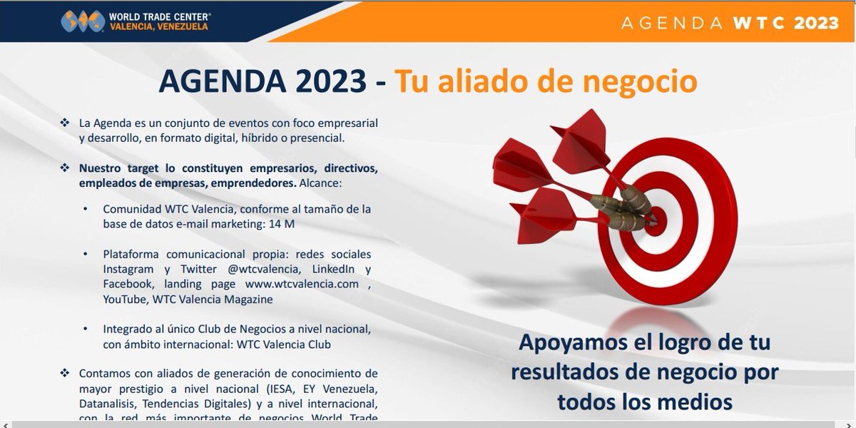 JUNIORALMENAR's tweet image. La Agenda 2.023 es un conjunto de eventos con foco empresarial y desarrollo, en formatos digital, hibrido o presencial. RESERVA cualquiera de nuestros patrocinios Plus-Empresarial-Profesional #WTCVal #Connected2me