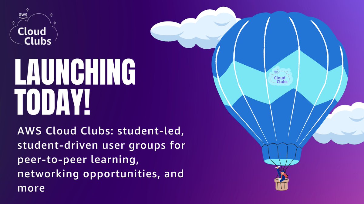 AWS Cloud Clubs are launching now🎉! Students, we're proud to announce that #AWSCloudClubs, student-led user groups for students ages 18+, are opening in 10 regions. Apply to become your school’s Cloud Club Captain to learn AWS tech &amp; build your career: s12d.com/students