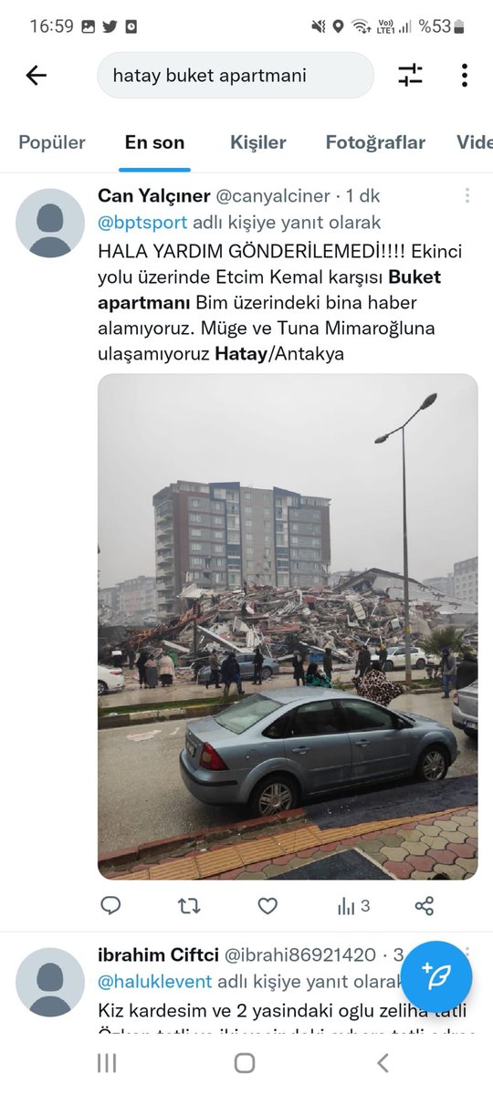 antinkuntin_'s tweet photo. @solcugazete Antakya’da Buket Apartmanının enkaz haline geldiği ve hiçbir yardımın ulaşmadığı bilgisi geliyor. Yakınlarımızdan haber alamıyoruz. Lokasyona yakın olan haber alan kimse yok mu? https://t.co/ZvSGniWfb4