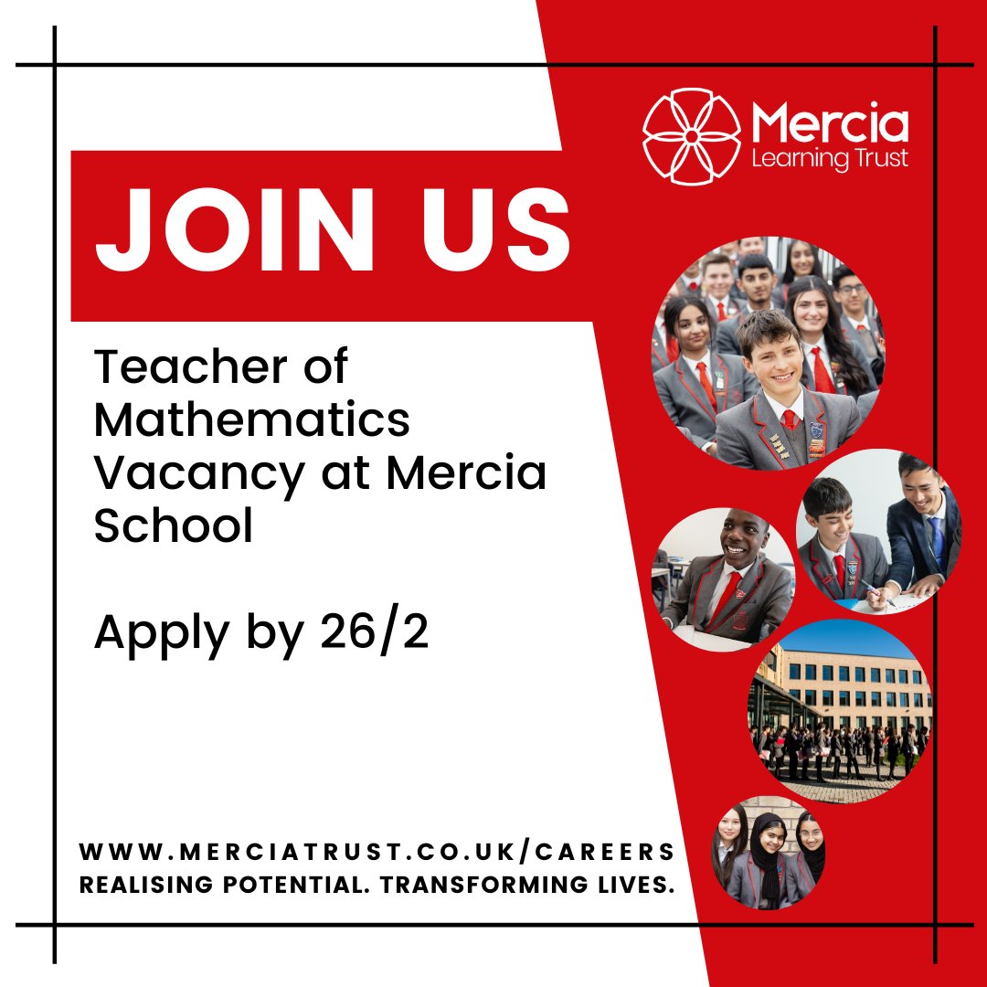 We are seeking to appoint an outstanding Teacher of Mathematics with the skills and knowledge to teach pupils with challenge and passion.

Find out more and apply:
merciatrust.co.uk/blog/?pid=198&…

#sheffield #sheffieldschools #sheffjobs #mathsteacher #maths #secondaryteacher