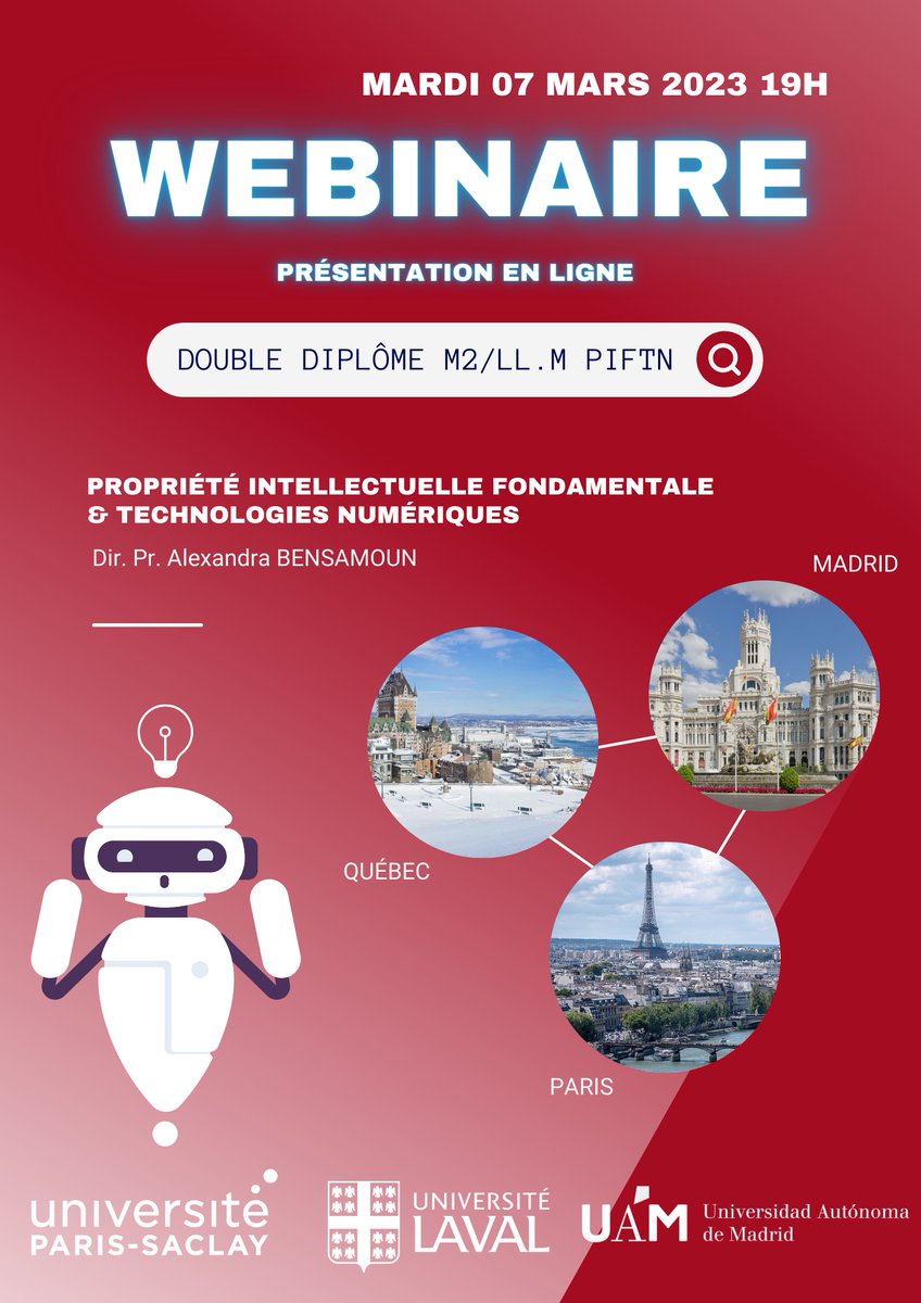 🚨 SAVE THE DATE 🚨

MARDI 7 MARS 2023 - 19h 

Le Master PIFTN vous convie à une présentation de la formation par sa directrice Alexandra Bensamoun. 

Lien du wébinaire : urlz.fr/kGLZ
